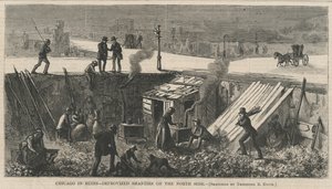 Chicago in Ruins - Improvisoidut hökkelit pohjoispuolella, kuvitus Harpers Weeklystä, 1871